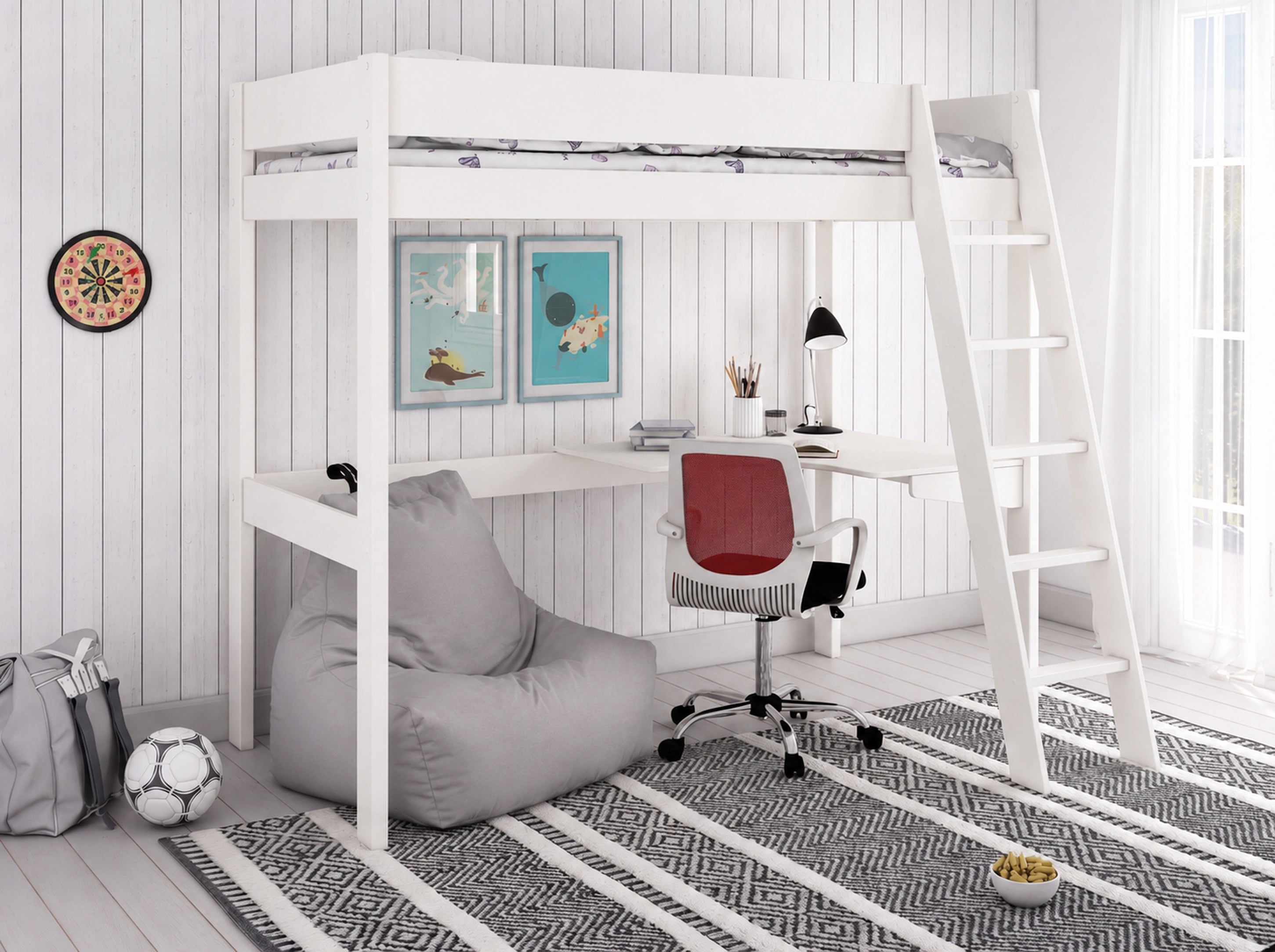 Extreme Estella High Sleeper Bed with Desk and Silver Grey Bean Bag