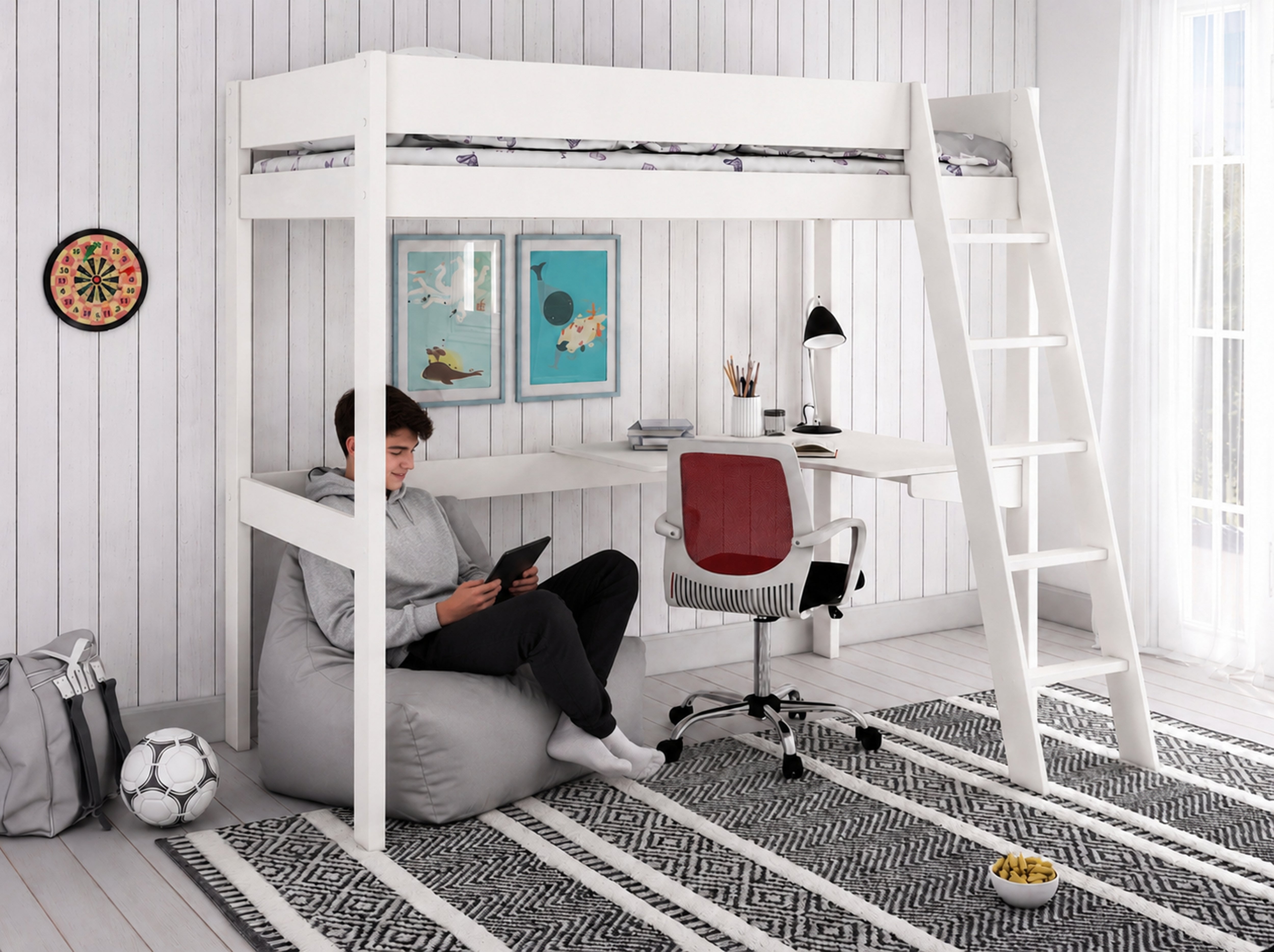Extreme Estella High Sleeper Bed with Desk and Silver Grey Bean Bag