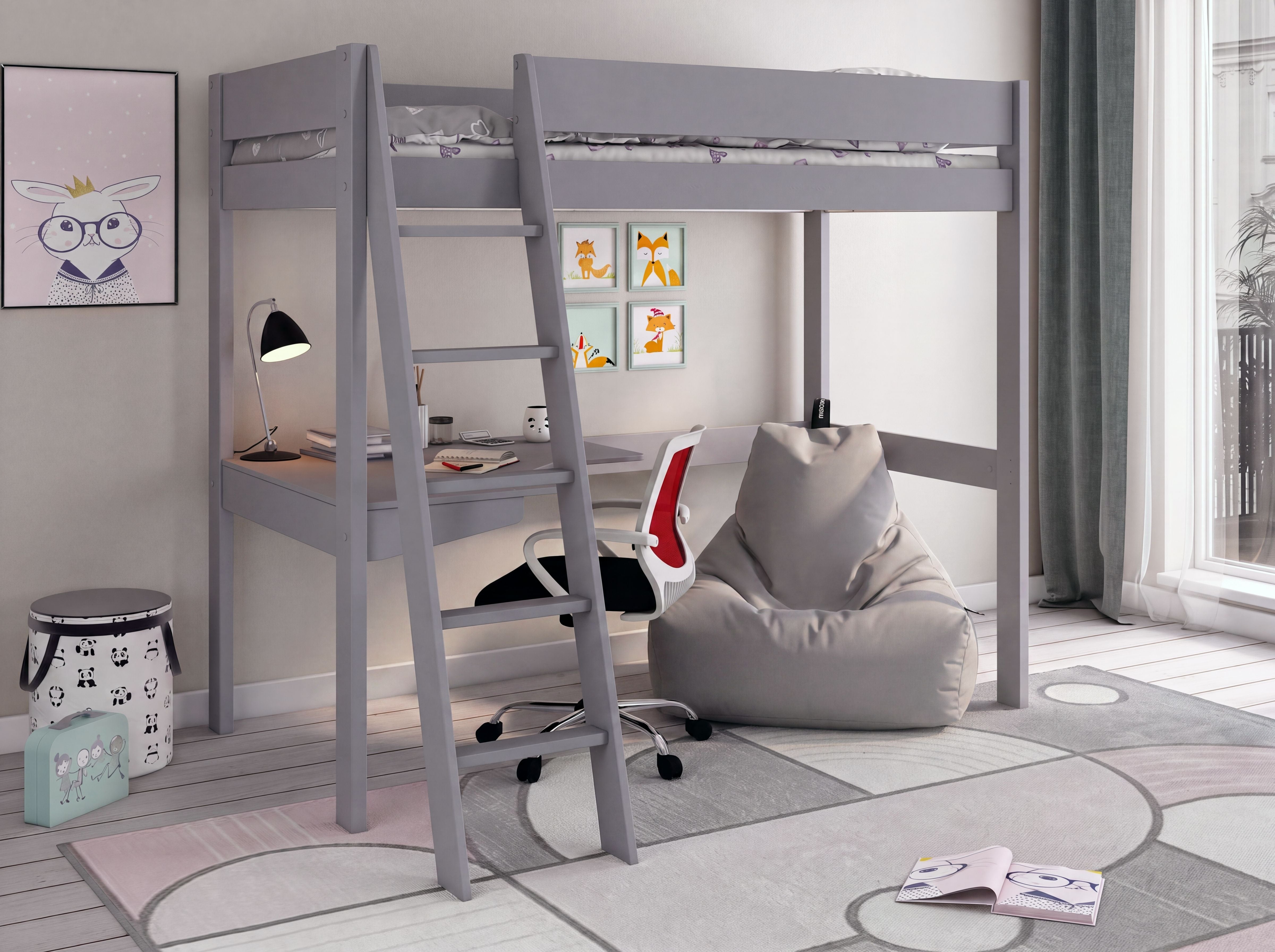 Extreme Estella High Sleeper Bed with Desk and Silver Grey Bean Bag