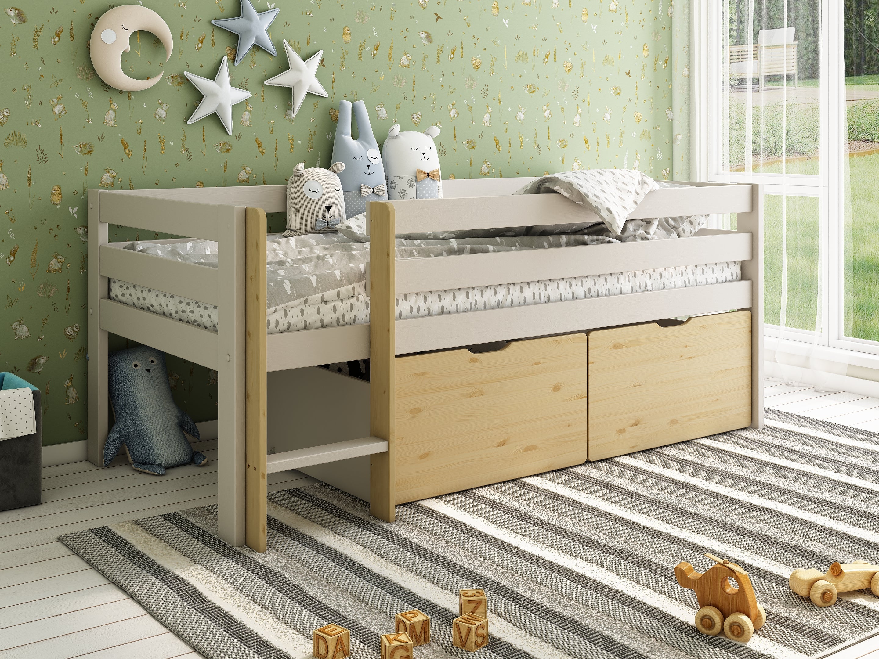 Scandi Toddler Cabin Bed with two storage drawers in Cashmere & Oak