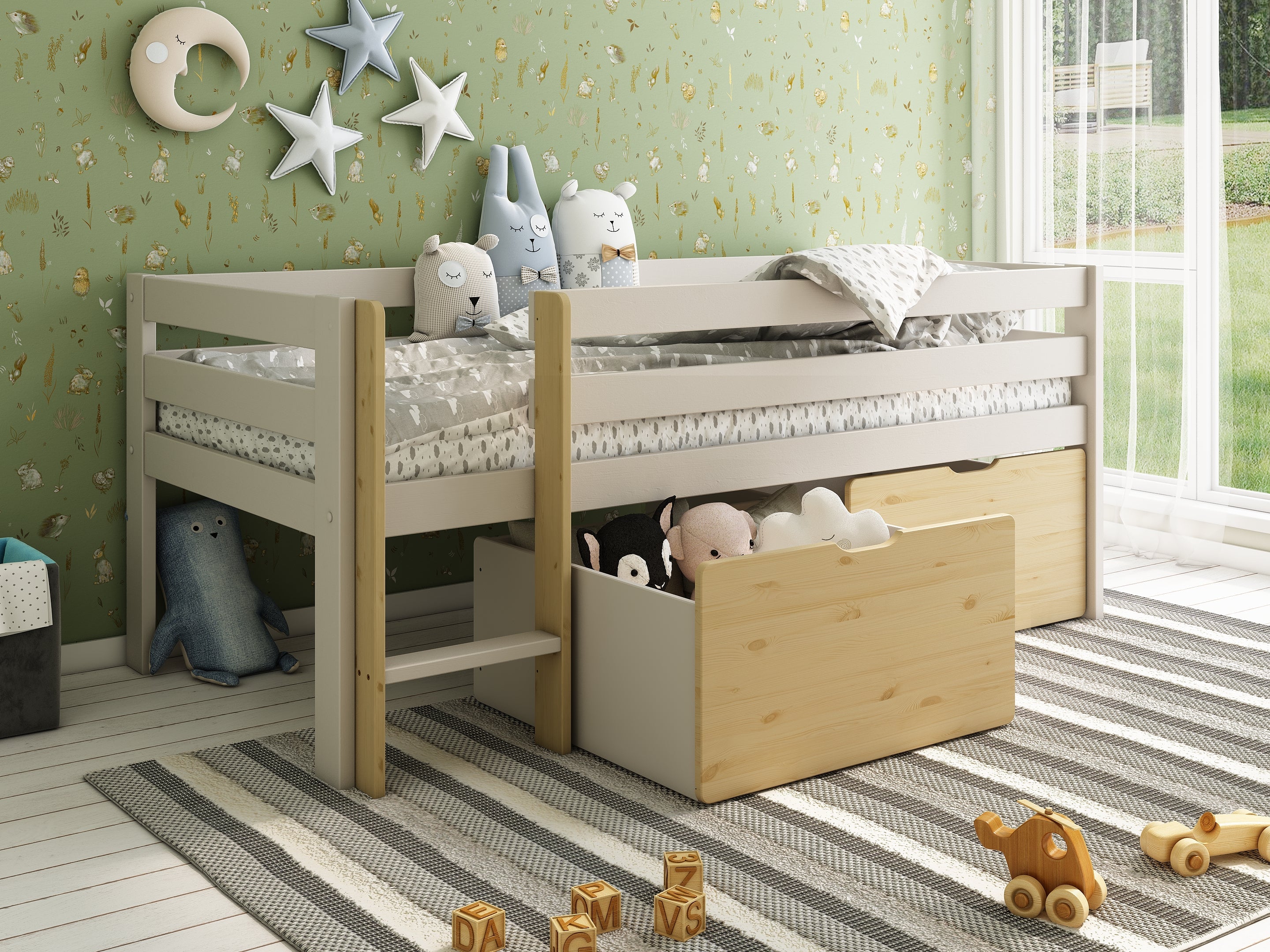 Scandi Toddler Cabin Bed with two storage drawers in Cashmere & Oak