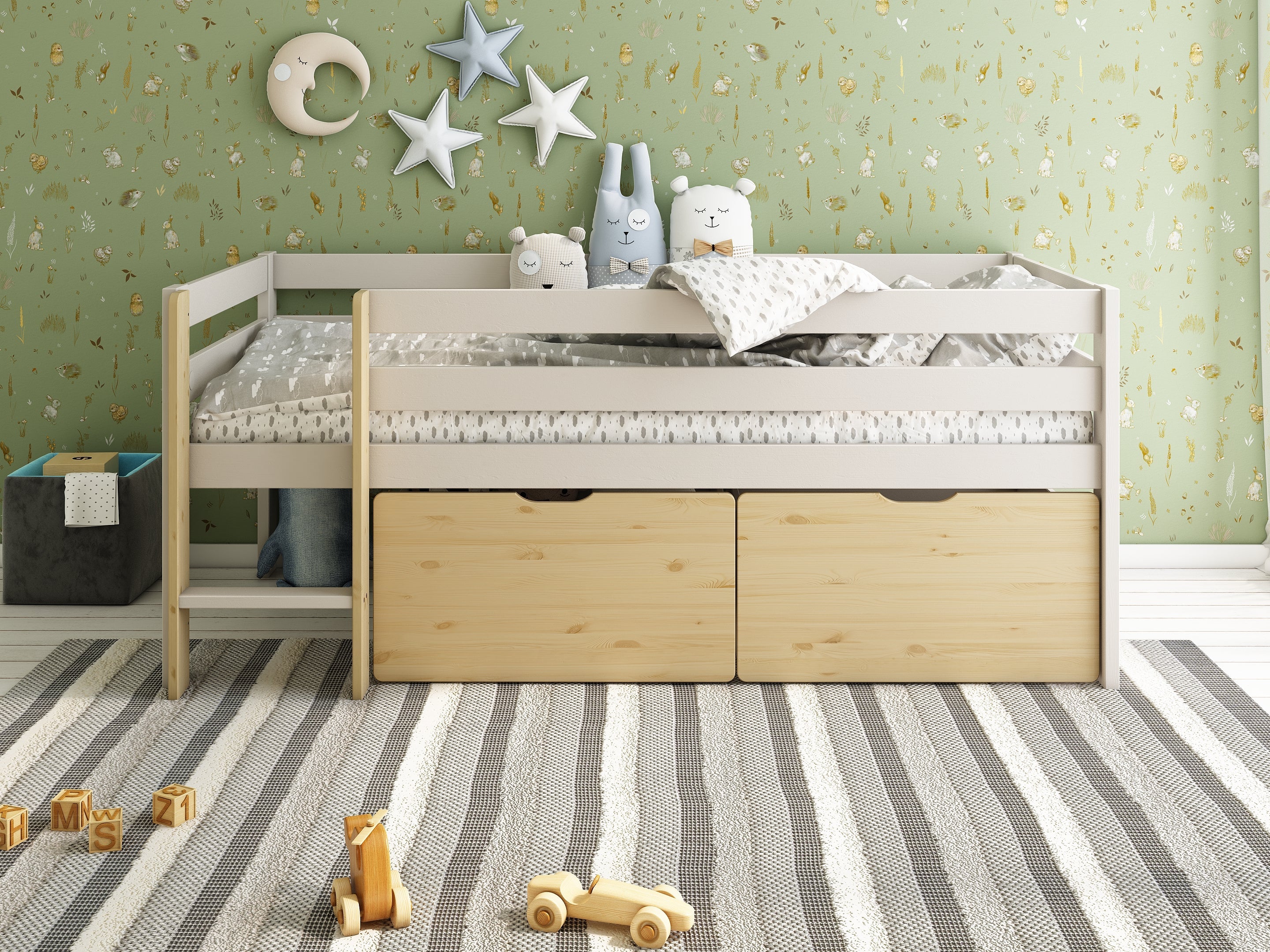 Scandi Toddler Cabin Bed with two storage drawers in Cashmere & Oak